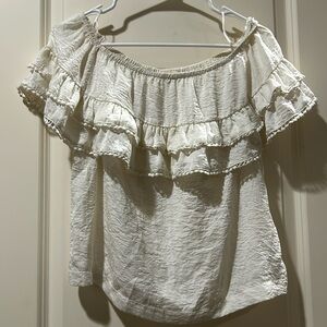 Lovestitch women on/off shoulder ruffle tunic top lace trim boho S off white